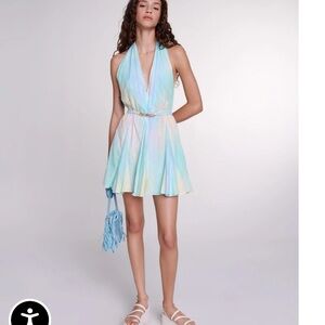 Maje Green and Blue Pleated Halter Sundress